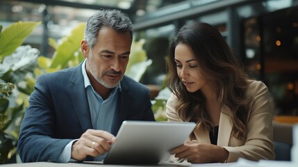Team of diverse partners mature Latin business man and European business woman discussing project on tablet sitting at table in office Two colleagues of professional business people wo : Generative AI