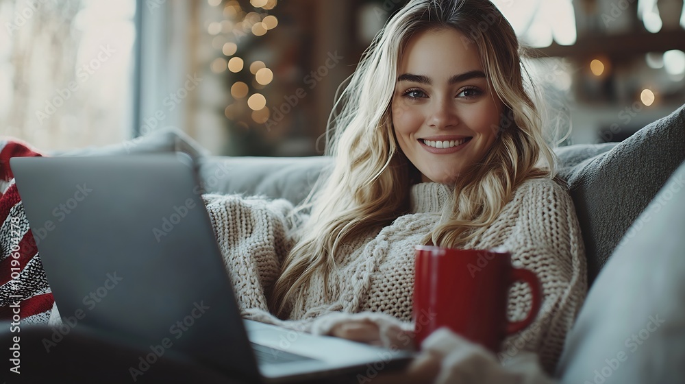 Poster a woman is sitting on a couch with a laptop and a red coffee mug she is smiling and she is enjoying 