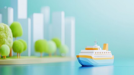 Naklejka premium A colorful cruise ship with a toy-like design, floating in a calm blue waterway, featuring simple geometric shapes in white and orange. In the background, a soft-focus cityscape with tall buildings an