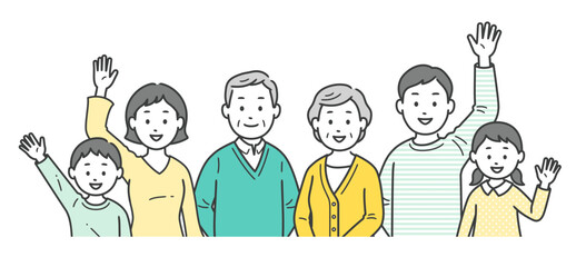三世代の家族が集合して手を振る上半身イラスト
