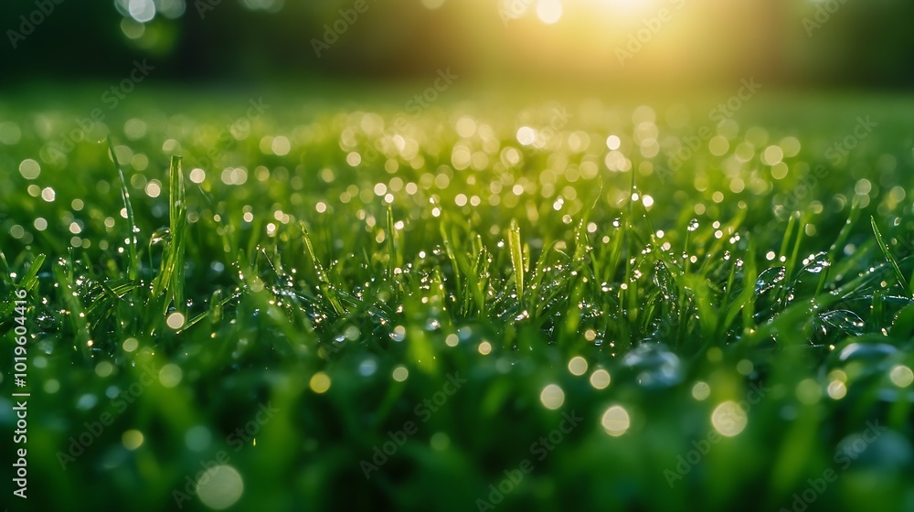 Poster Transparent drops of water dew on grass close upNatural background with copy space : Generative AI