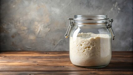 Glass jar filled with dough leaven for preparing yeast dough for bread, baking, cooking