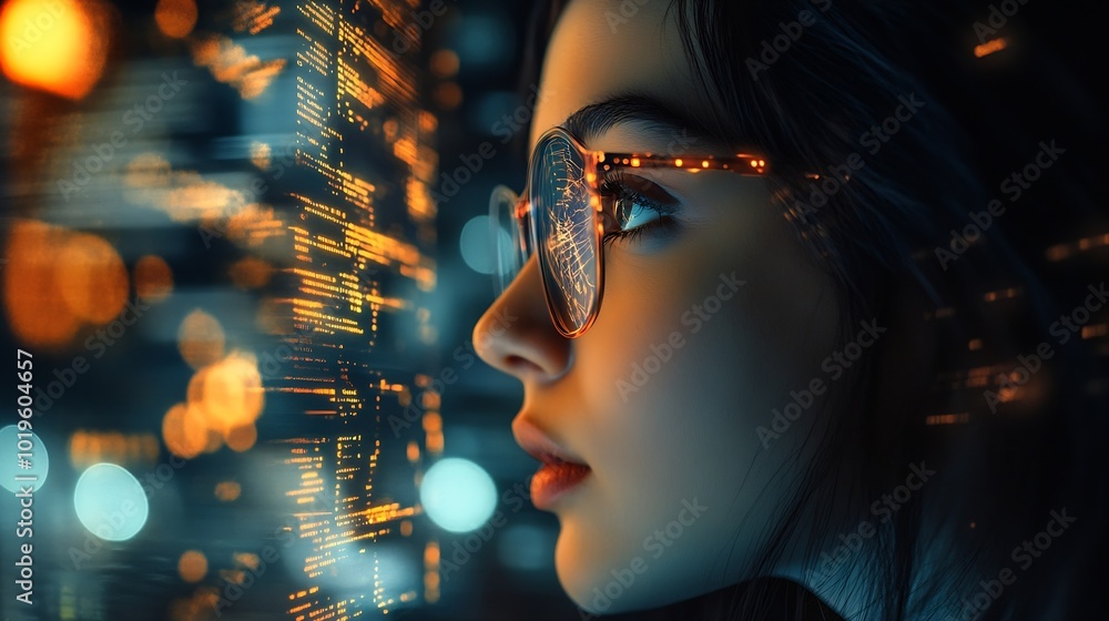 Leinwandbilder Thinking code hologram and woman with tablet data analysis digital technology and software overlay at night Programmer or Indian person with 3d screen programming stats and cybersecuri : Generative AI