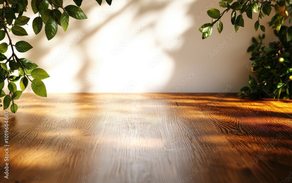 Poster a serene wooden tabletop adorned with green foliage, illuminated by soft natural light creating a ca