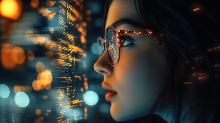 Thinking code hologram and woman with tablet data analysis digital technology and software overlay at night Programmer or Indian person with 3d screen programming stats and cybersecuri : Generative AI