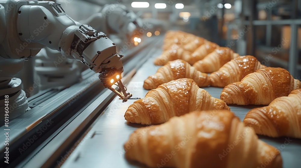 Leinwandbilder Mechanical robots take semifinished products from conveyor belt and put them into containers Mechanical robots replacing human labor in factory Mechanical robots in mass production Fre : Generative AI