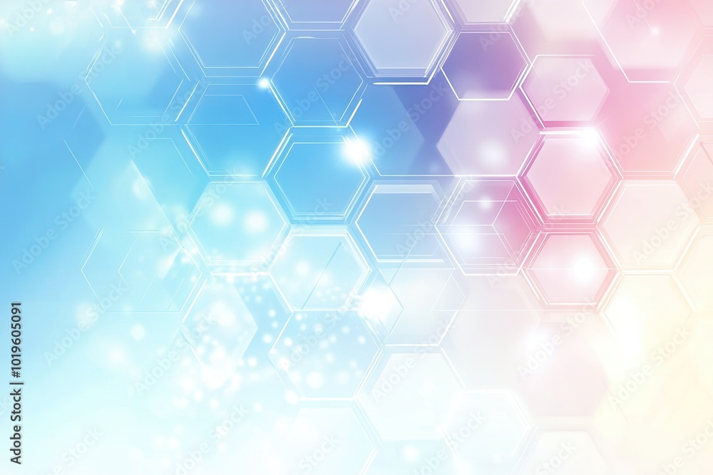 Poster abstract hexagonal pattern in soft pastel colors, white background.
