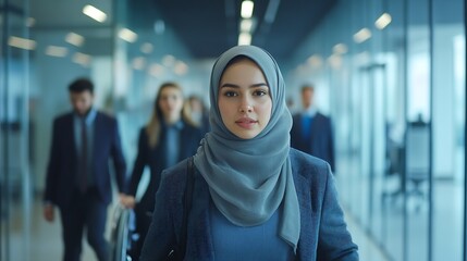 A diverse group of young business people walking a corridor in the glassenclosed office of a modern startup including a person in a wheelchair and a woman wearing a hijab : Generative AI