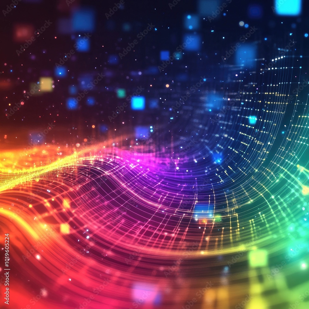 Poster colorful abstract background with glowing particles and waves.