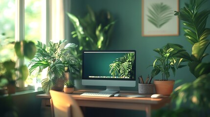 Fototapeta premium Stylish interior of room with comfortable workplace and houseplants : Generative AI