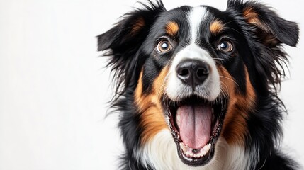 Fototapeta premium Black Tricolor Australian Shepherd panting mouth open and looking at the camera isolated on white : Generative AI