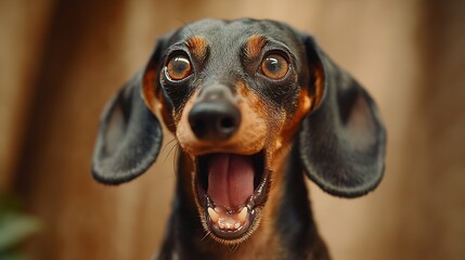 Portrait of dachshund dog with open mouth bulging eyes screaming in fear horror Emotional pet surprised by discounts sale Children hysteria indignation of little monster grouchy behavi : Generative AI