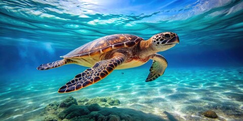 Obraz premium Hawksbill sea turtle gracefully gliding through crystal clear ocean waters, wildlife, marine life, tropical