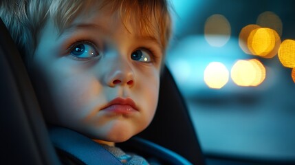 Cute toddler boy is in car seat Portrait of little child during family road trip Kid scared by motion sickness or riding in vehicle at night time Safety transportation of baby Travel w : Generative AI