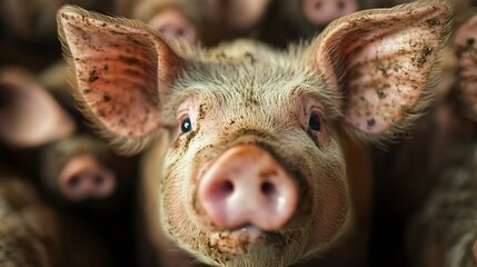 Fototapeta premium Pigs crowded together on a Noth Carolina hog farm relating to large scale hog farming problems and concerns : Generative AI