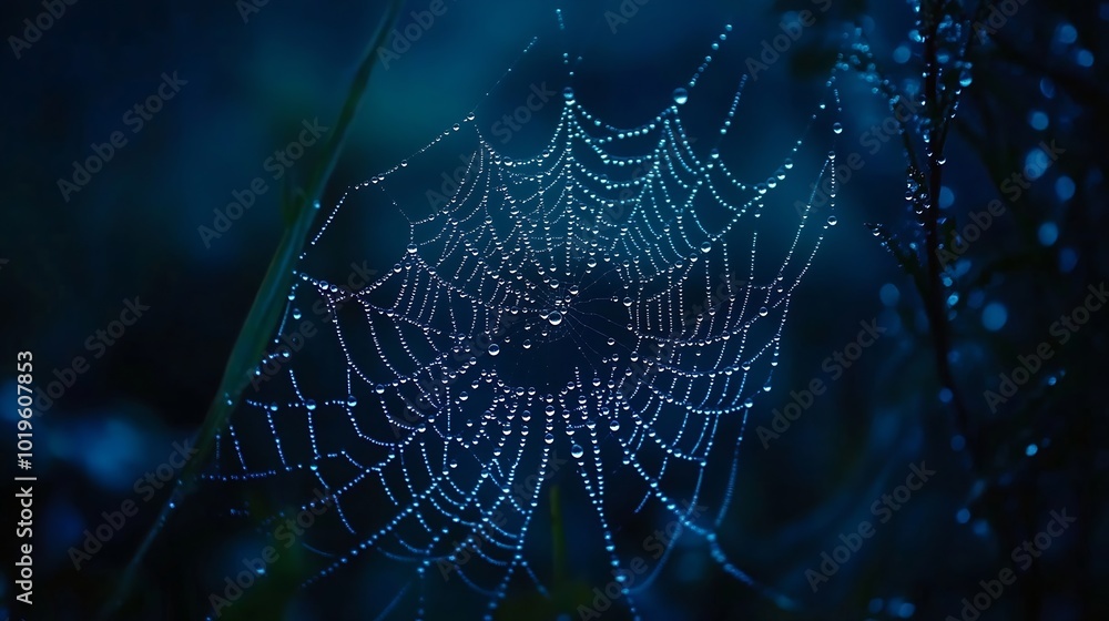 Poster beautiful natural background with necklace of water droplets on a cobweb in grass in spring of summe