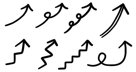 右肩上がりのシンプルな黒の手描き矢印せっと　ベクターイラスト　アイコン