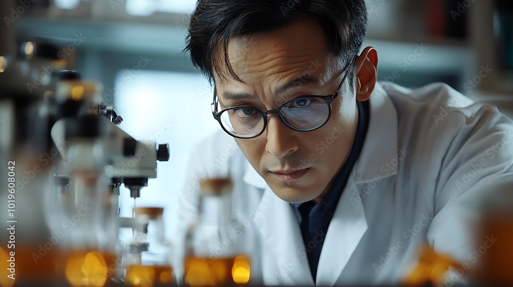 Poster Tablet planning and scientist with digital innovation data and reading in laboratory Asian man doctor and information technology for futuristic medical research with pharma healthcare  : Generative AI