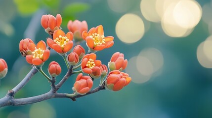 Flowers from the Ashoka tree with the scientific name Saraca asoca the color is beautiful red and has not yet bloomed : Generative AI