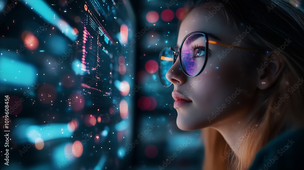 Poster Digital technology global internet network connection big data digital marketing IoT internet of things Woman using modern computer surfing internet futuristic technology background : Generative AI