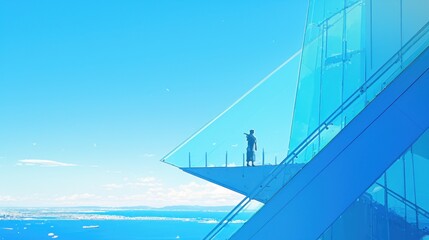 Fototapeta premium A man is climbing the stairs of a modern open glass structure abstract art structure, with architecture overlooking the sea and blue sky