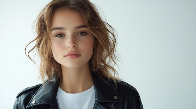 Portrait of beautiful young fashion model girl with leather jacket and white tshirt on white : Generative AI