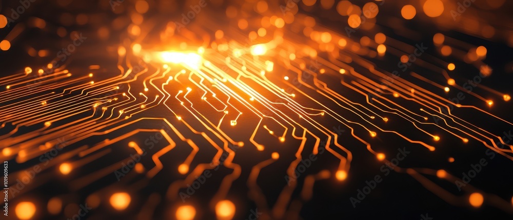 Poster abstract close-up of a circuit board with glowing gold lines on a dark background.