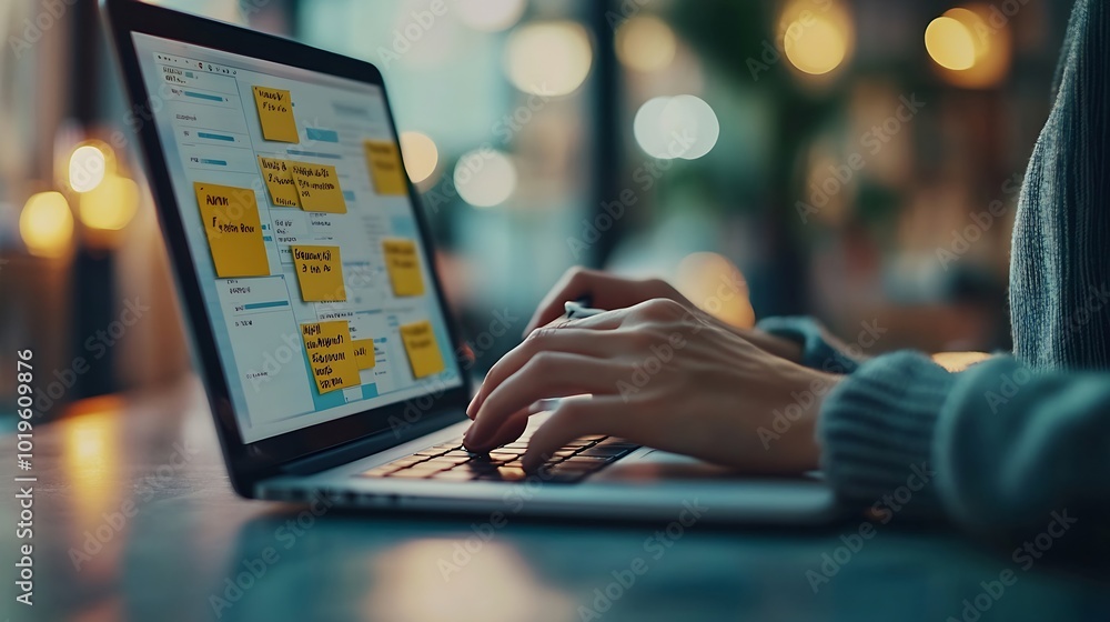 Fototapete Business developer using Kanban board framework on laptop computer Agile software development lean project management tool project management business development concept : Generative AI