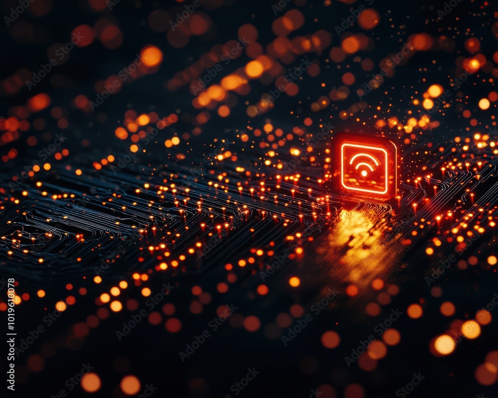 Poster abstract digital network with glowing wireless signal icon in a dark background filled with vibrant 