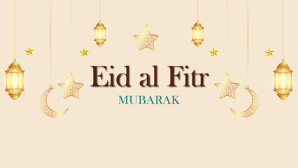 Naklejka premium Happy Eid with shining stars moon and lights