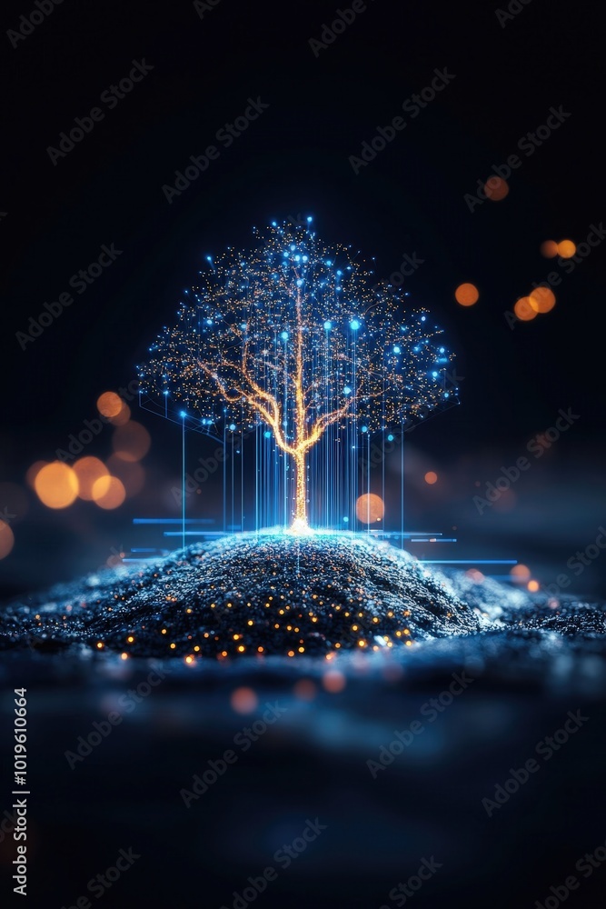 Poster a mesmerizing digital tree illuminated by glowing particles on a dark background, symbolizing growth
