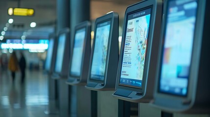 Fototapeta premium Three touch display kiosks in a row at airport : Generative AI