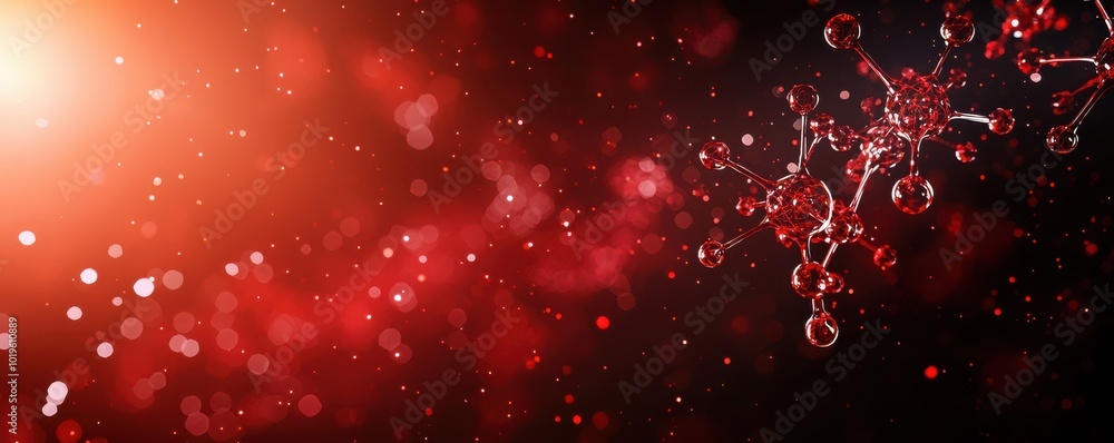 Poster abstract red and black background with molecular structures and glowing particles, ideal for scienti