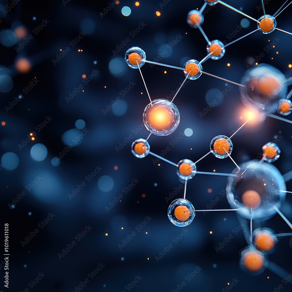 Poster abstract representation of molecular structures with glowing nodes in blue and orange tones, ideal f