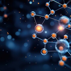 Abstract representation of molecular structures with glowing nodes in blue and orange tones, ideal for scientific concepts.