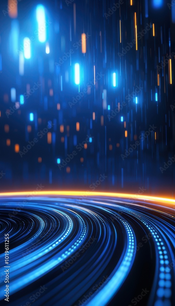 Poster abstract technology background with glowing lines and illuminated particles in blue and orange tones
