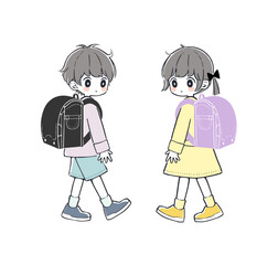 ランドセルを背負った小学生の男の子と女の子