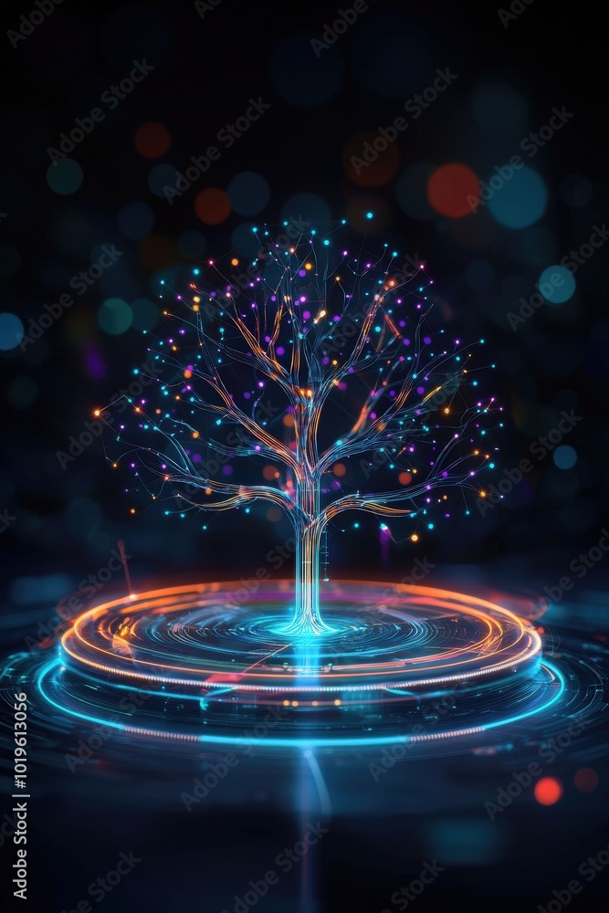 Poster a vibrant digital tree featuring colorful lights and abstract patterns. this stunning artwork blends