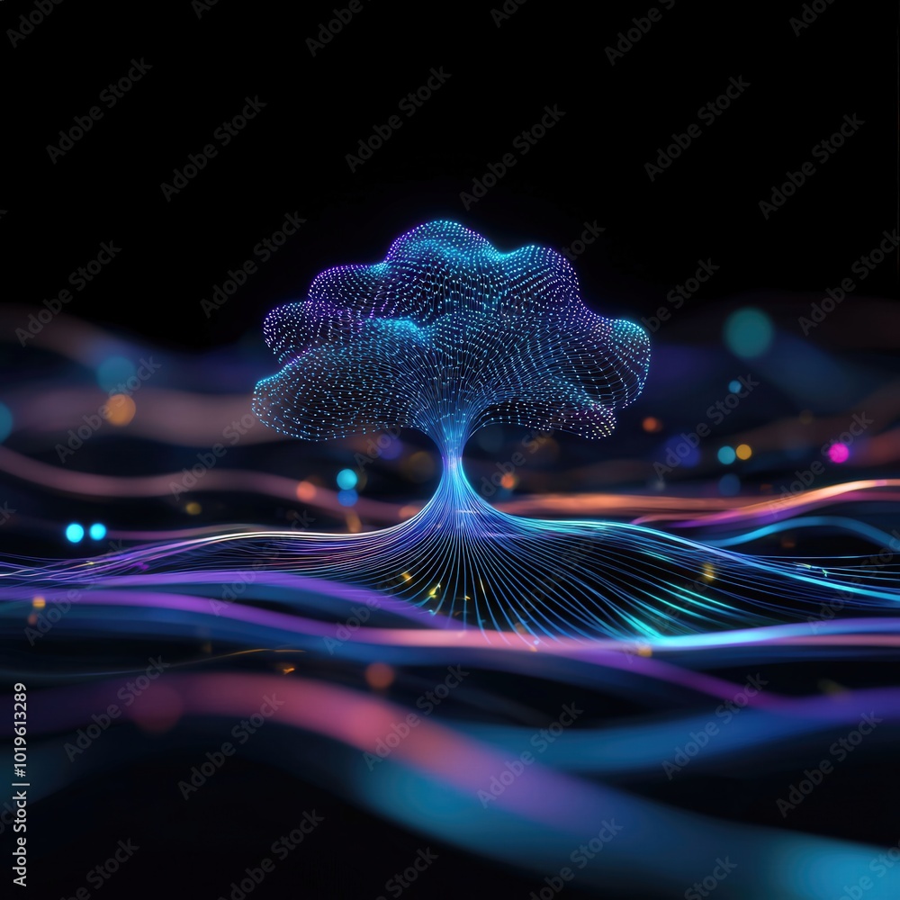 Poster a mesmerizing digital abstract of a tree illuminated by colorful light waves. this stunning visualiz