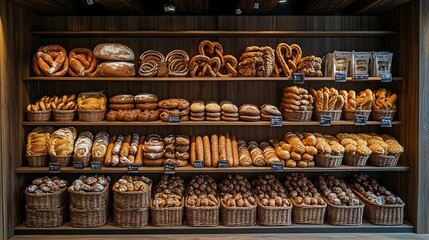 Bakery shop display Bakery products on shelves and counters Shelves with different sorts of bread buns and pretzels Beautiful shop display of baked products German modern bakeshop with : Generative AI
