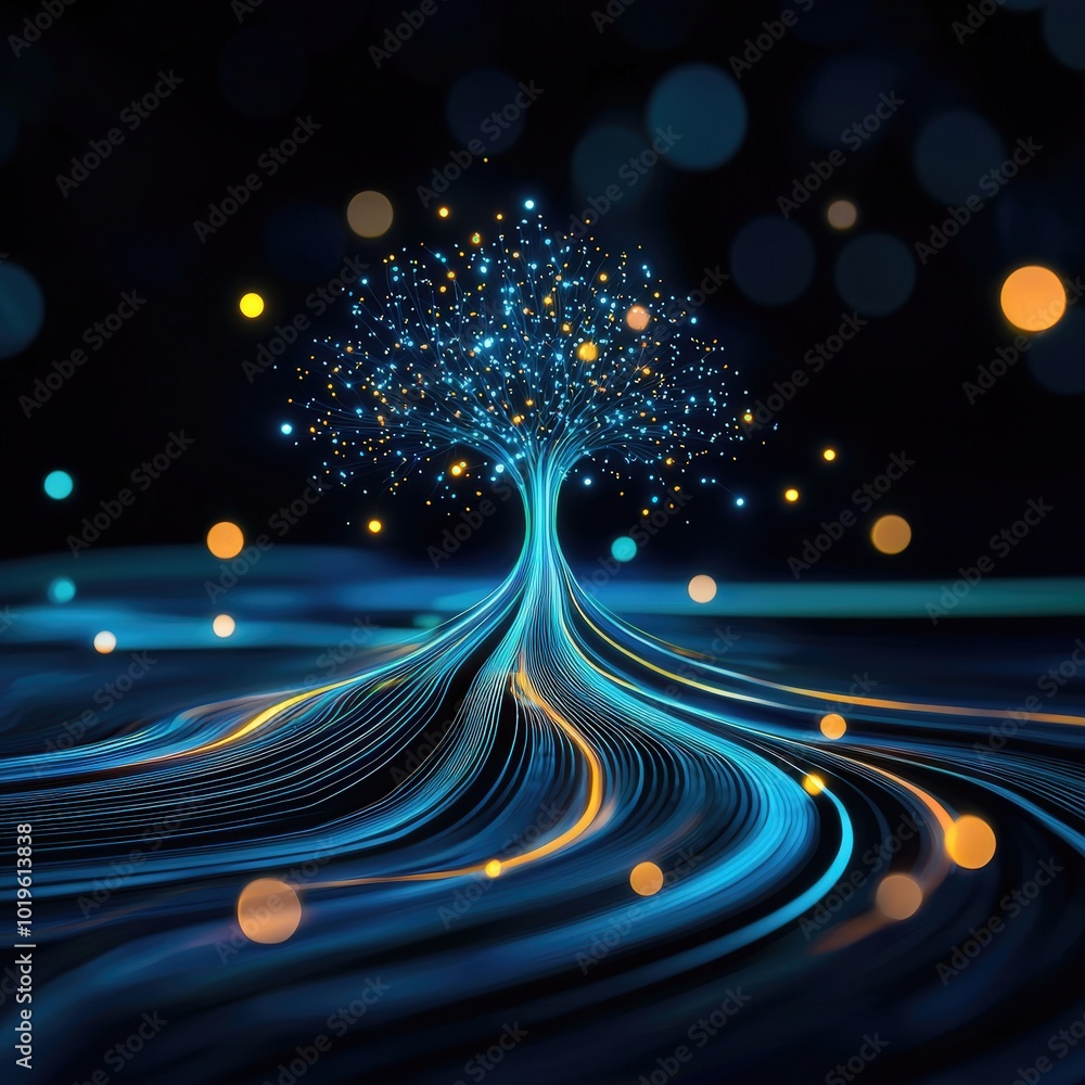 Poster this enchanting digital artwork features an abstract tree illuminated by shimmering light particles,