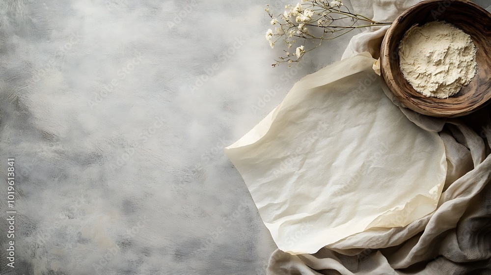 Poster top view with baking parchment empty on table background folded cloth for mockup with copy space fla