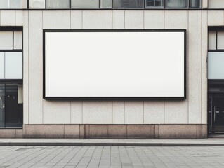 2408 4.A large blank rectangular billboard displayed on the storefront of a building. The white surface of the sign is framed by a black border, ready for a custom design. The storefront itself is