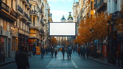 Obraz premium An empty billboard mockup on a busy street in madridsurrounded by classic spanish architecture and urban life : Generative AI