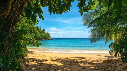 Lush tropical foliage frames a view of a secluded beach with calm turquoise water and golden sand.