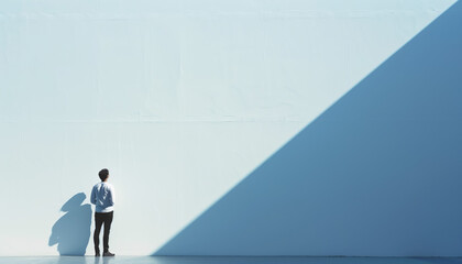 Obraz premium Minimalist Photo of a Person Looking at a Wall with Dramatic Shadows - Solitude and Introspection Concept
