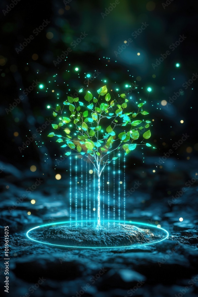 Poster an enchanting visualization of a tree glowing with digital effects. this artwork combines elements o