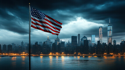Naklejka premium The American flag is flying high above the city skyline, with dark storm clouds gathering in the sky behind it