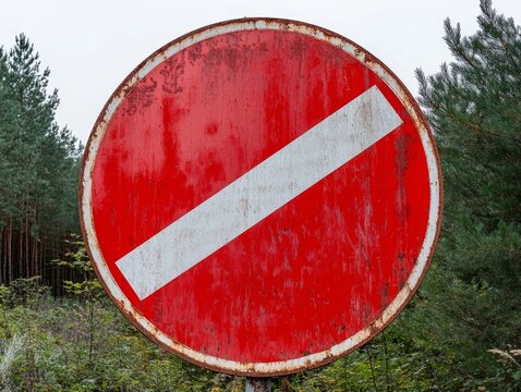 2408 38.A large red circular warning sign with a white background, featuring a prominent diagonal slash cutting through the middle. The sign is framed by a thick red border, symbolizing prohibition