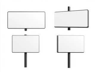 2408 48.A set of blank real estate signs viewed from different angles, featuring a rectangular white sign mounted on a simple post. The angles include front-facing, side views, and an overhead